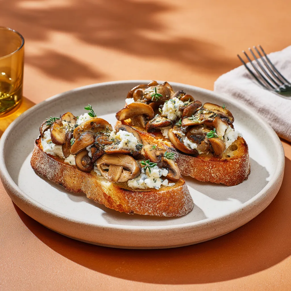 Bruschetta aux champignons, fromage ail et fines herbes