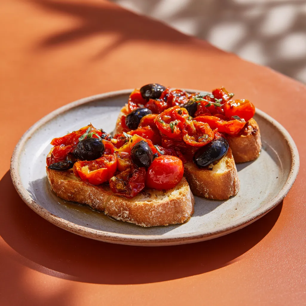 Bruschetta provençale tomates confites et olives noires