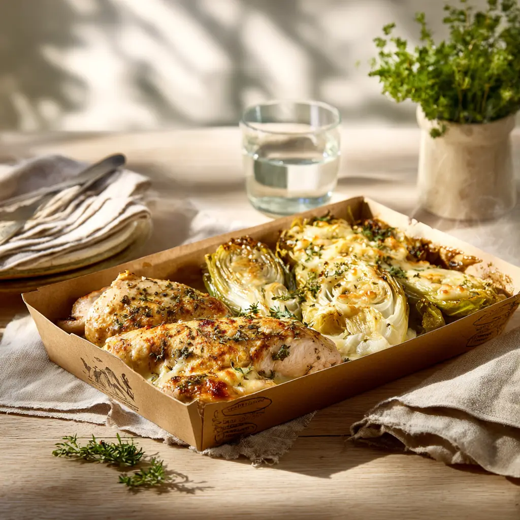 Filet de poulet farci à la forestière, endives gratinées au comté