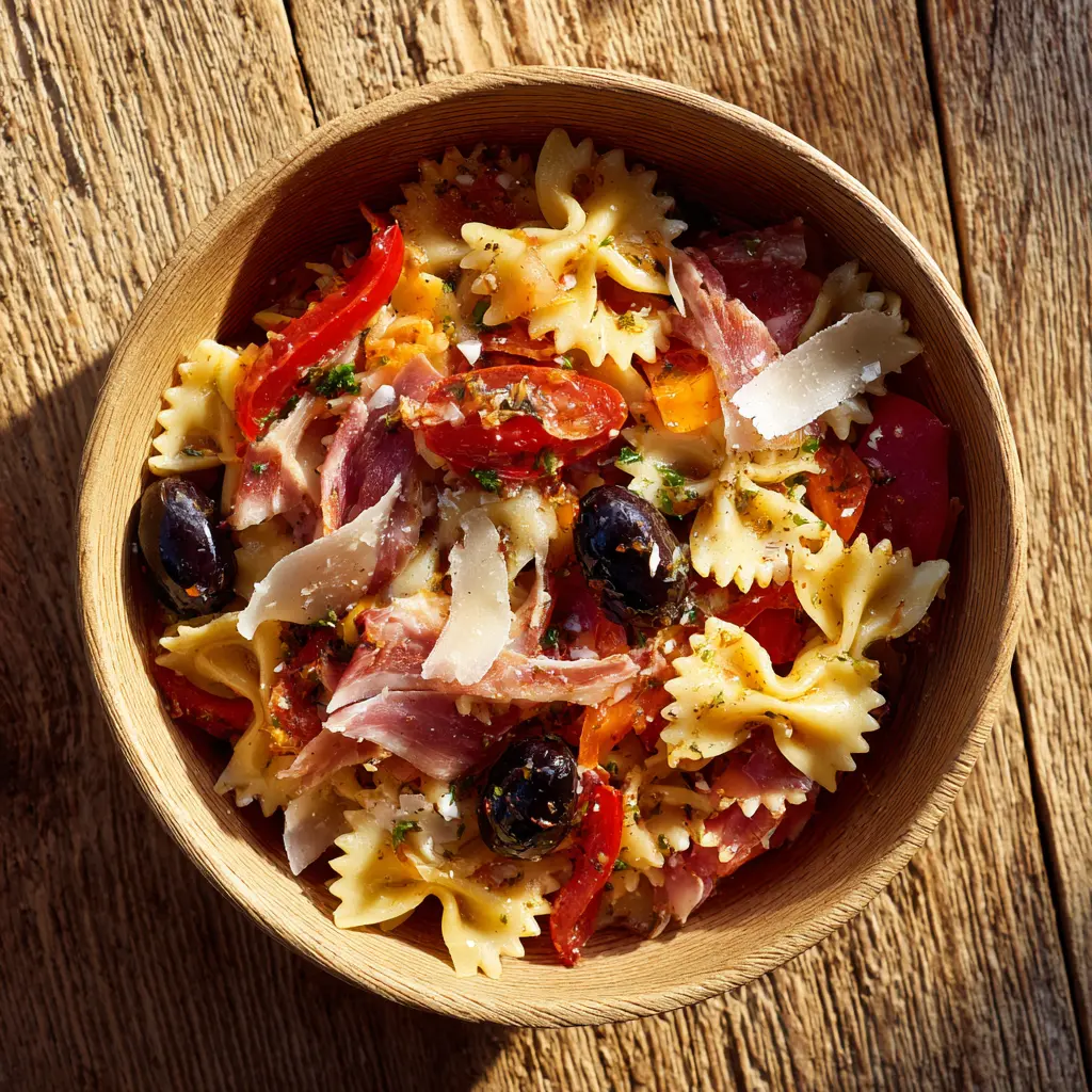 Fraich'Bol Basque (Farfalles, jambon de Bayonne, tomates, piquillos, Ossau-Iraty, olives noires), pesto Rosso (piment d'Espelette)