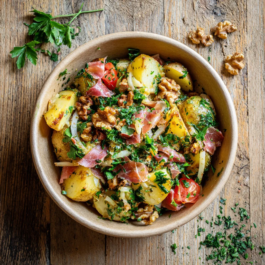[51] Fraich'Bol Campagnolo (pommes de terre, tomates, pomme, persil, noix et chiffonnade de coppa ), vinaigrette à la noix