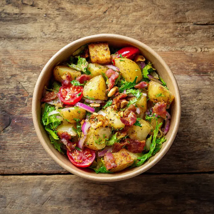 [4322] Fraich'bol Landais (Pomme de terre, lardons, gesiers confits, tomates, salade, crouton), vinaigrette framboise