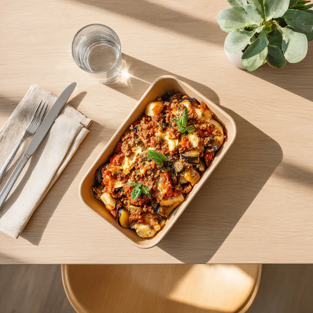 Moussaka revisitée (Boeuf haché, Sauce tomate, Aubergine, Oignon, Pomme de terre, Aromates)