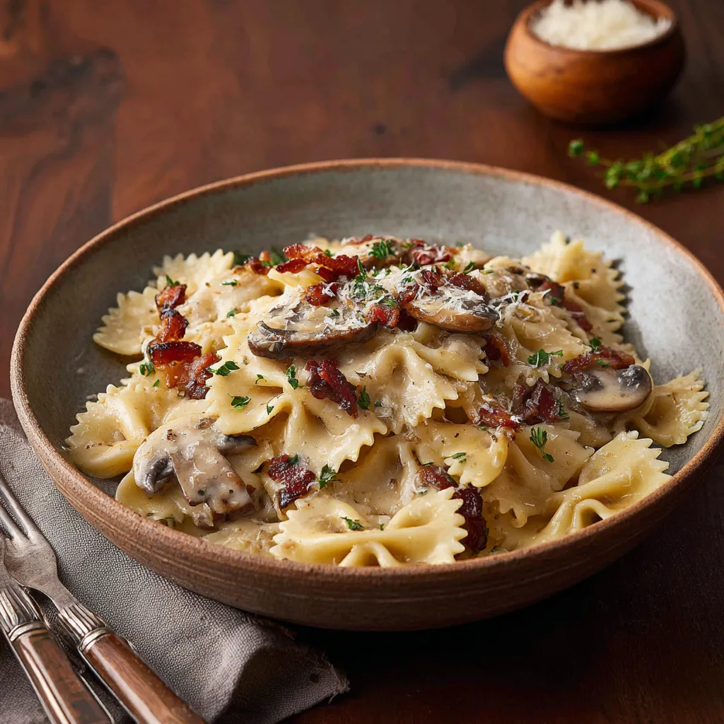 [5718] Pastas farfalles aux champignons et lard fumé
