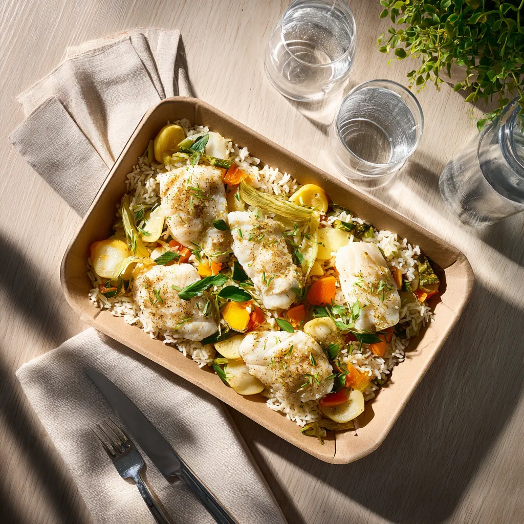 [3039] Poisson du jour Filet de lieu noir poché à la citronnelle et coco, Riz basmati et petits légumes